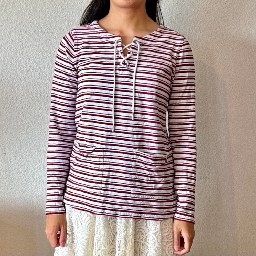 Tommy Hilfiger Red and White Striped Long Sleeve Tee